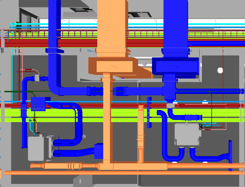 High-rise vertical riser before MEP BIM coordination — unresolved mechanical electrical plumbing clashes in riser shaft